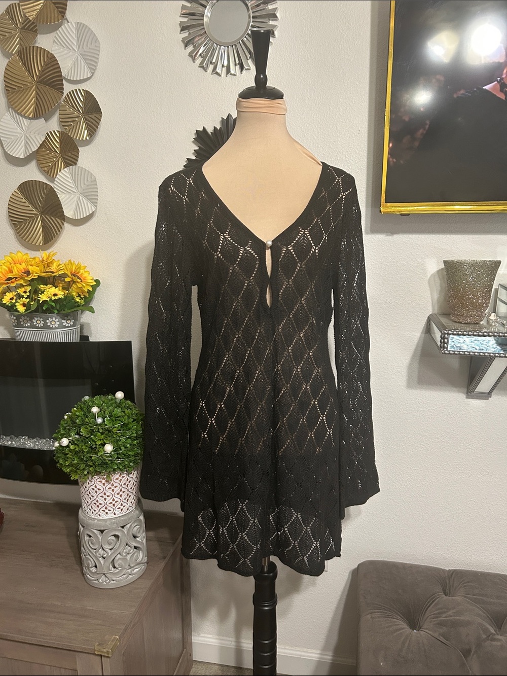 Black Crochet Knit V-Neck Cover-Up
